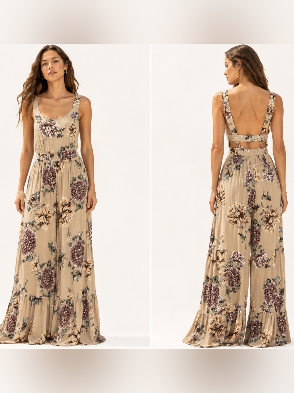 ILLA ILLA VTG Inspired Bohemian Flowy Beige Floral Scoop-Back Jumpsuit Medium